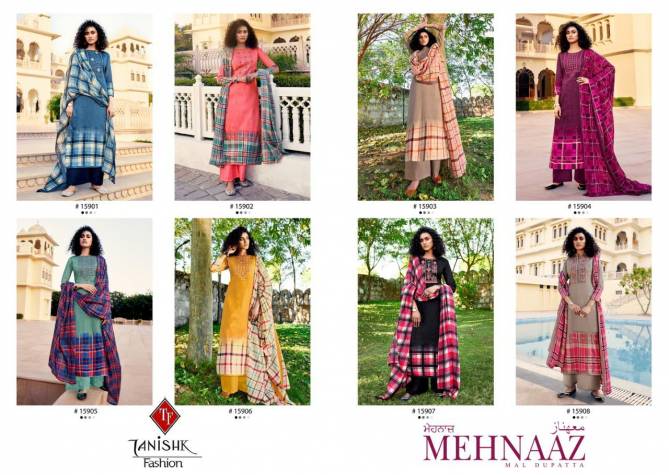 TANISHK MEHNAAZ Latest Fancy Festive Wear Pure Jam Cotton with cross stich embrodery Top With Bottom And Mal Mal Cotton Dupatta Ready Made Wear Collection